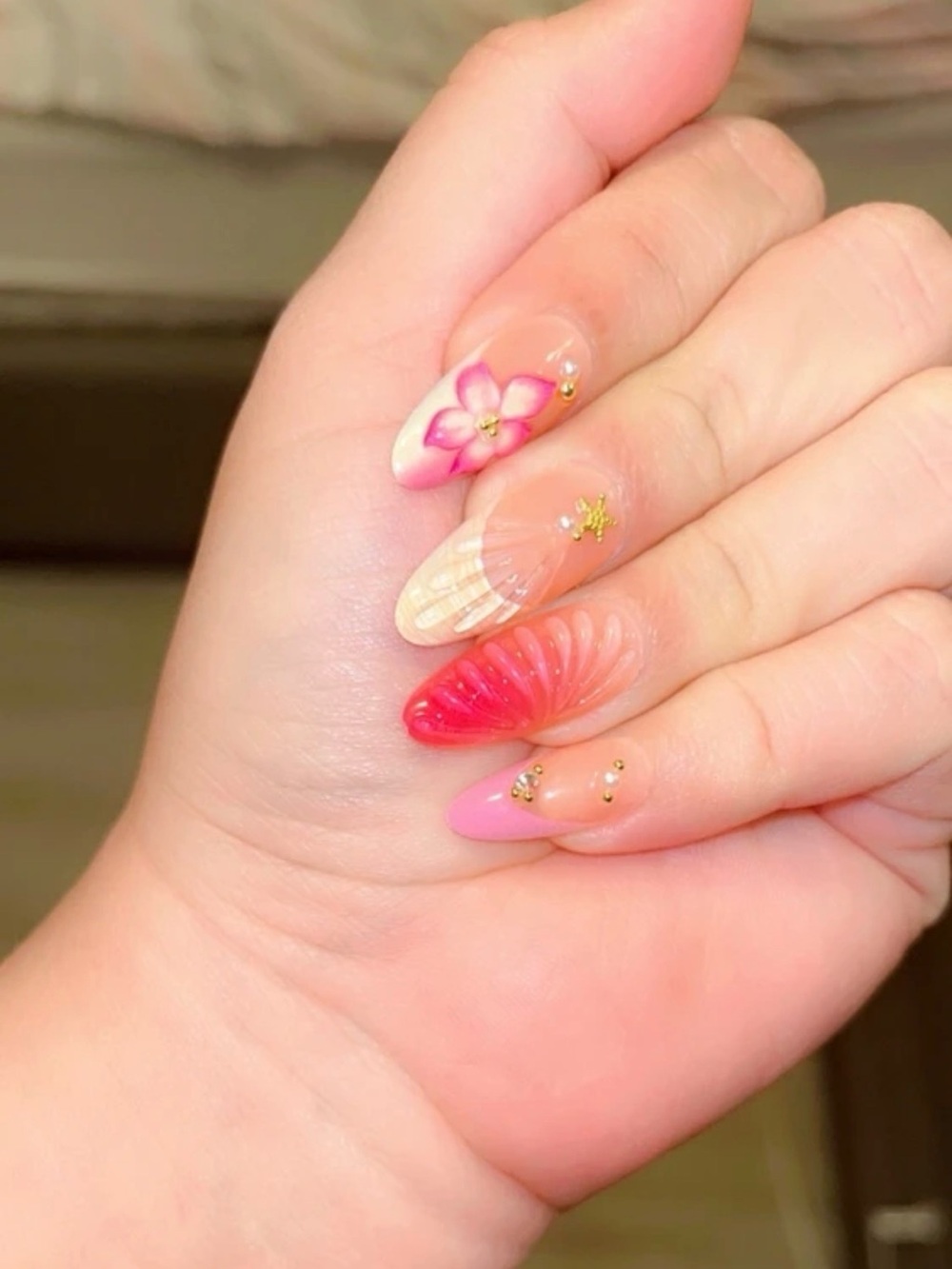 Pink & Red Floral Gel Nail Set for Women